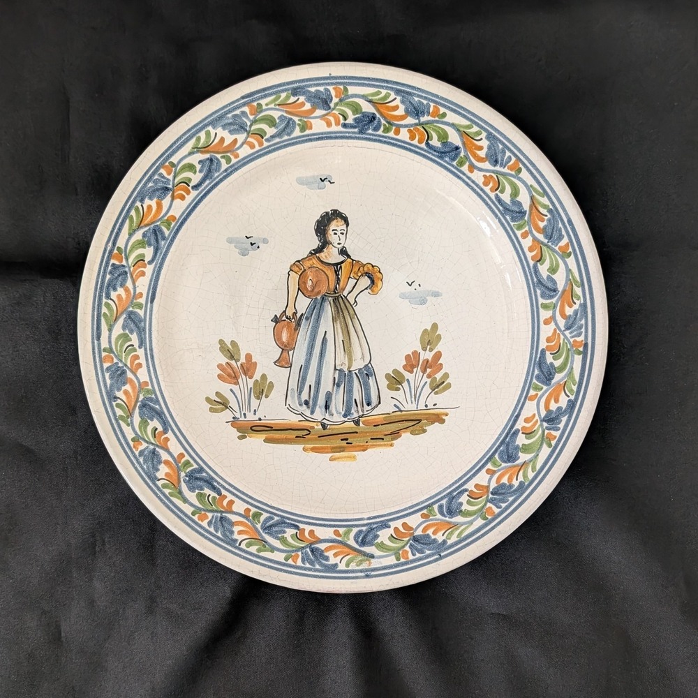 Henriot Quimper France Hand Painted Round Pottery Bowl Peasant Woman Faience